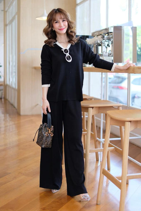 Casual Color Contrast Sweater V-neck Loose Top With Pants